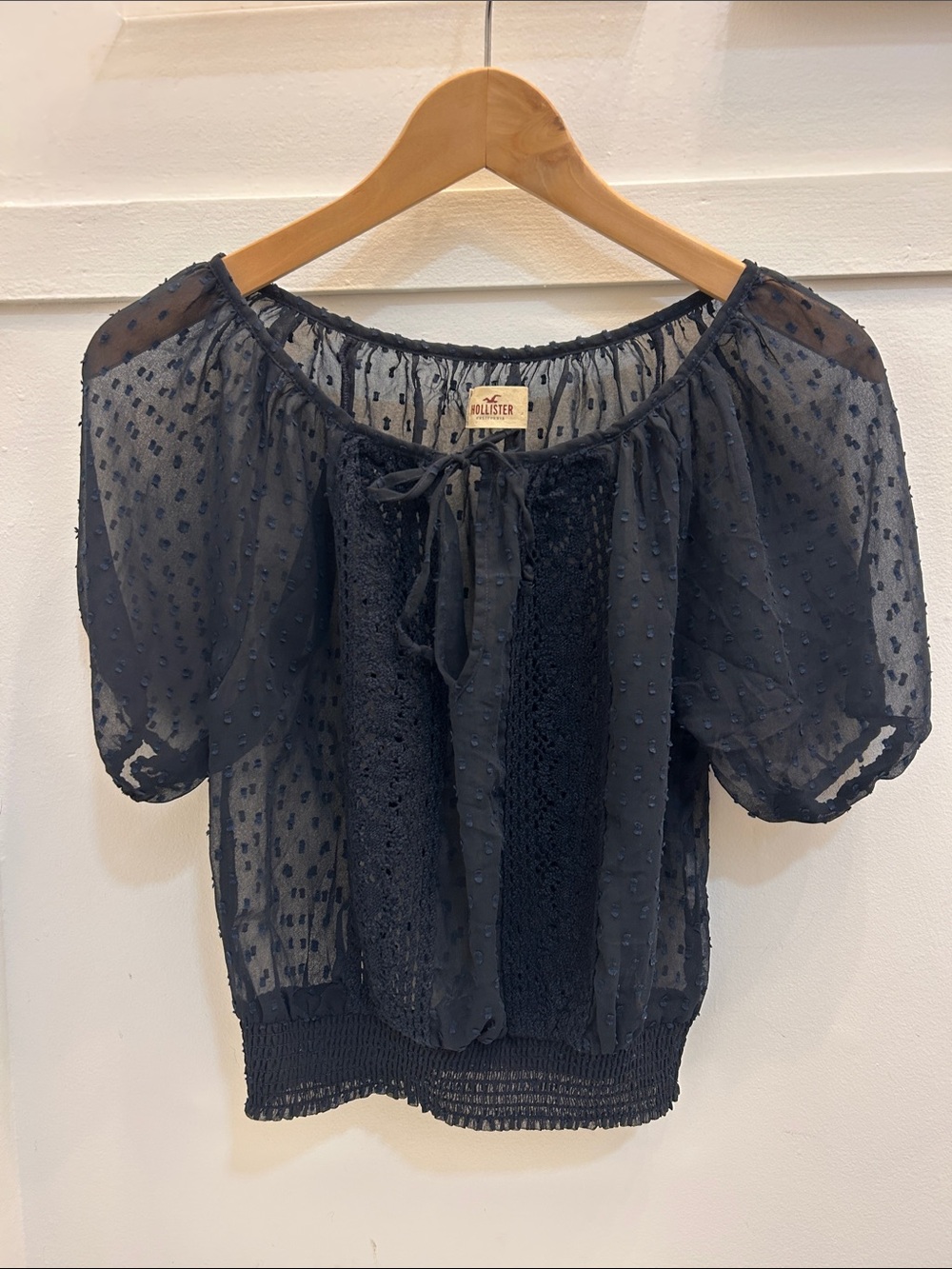 Vintage Hollister Navy Puff-Sleeve Swiss Dot Tie-Front Blouse Sheer